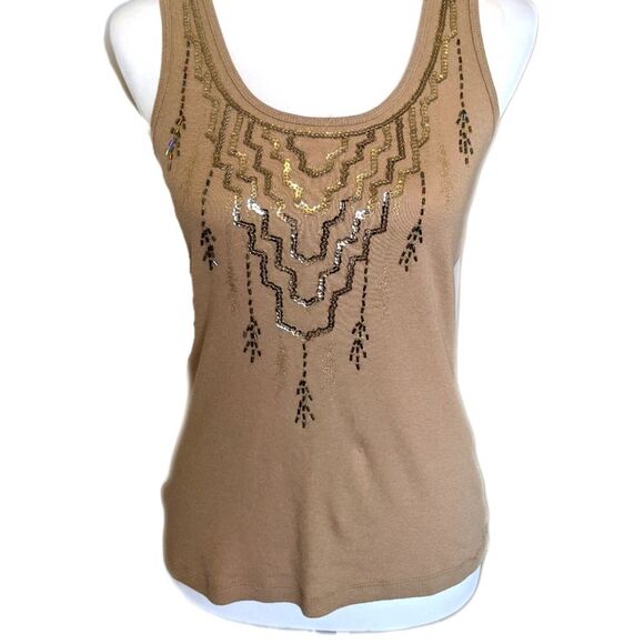 5/$55 Apt 9 tan tank top, beading & sequins, cotton/modal blend, size small - Picture 1 of 6